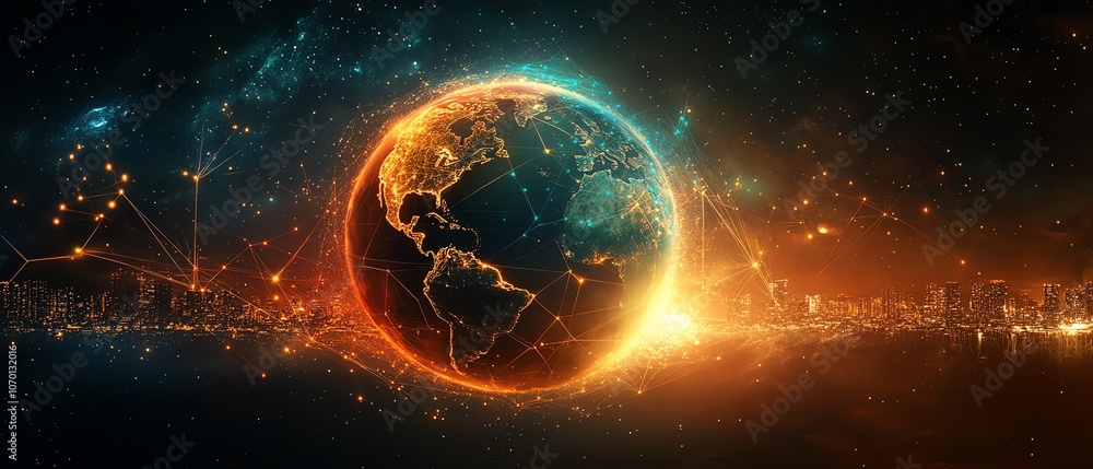 Poster digital globe with vibrant connecting lines and floating dots, representing global networks, backdro