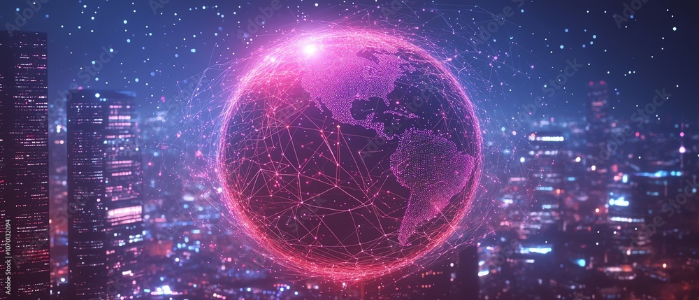 Poster digital globe with vibrant connecting lines and floating dots, representing global networks, backdro