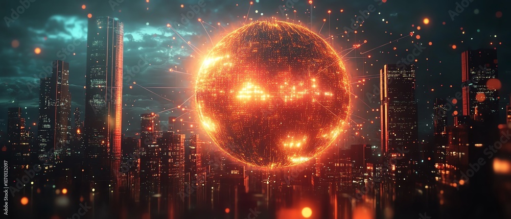 Poster digital globe with vibrant connecting lines and floating dots, representing global networks, backdro