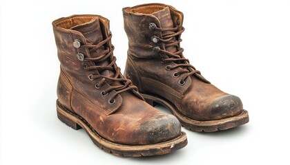 Worn brown leather boots with metal eyelets, displayed on a plain background