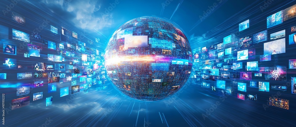 Poster digital globe with vibrant digital connections and floating images, dark tech background for a globa
