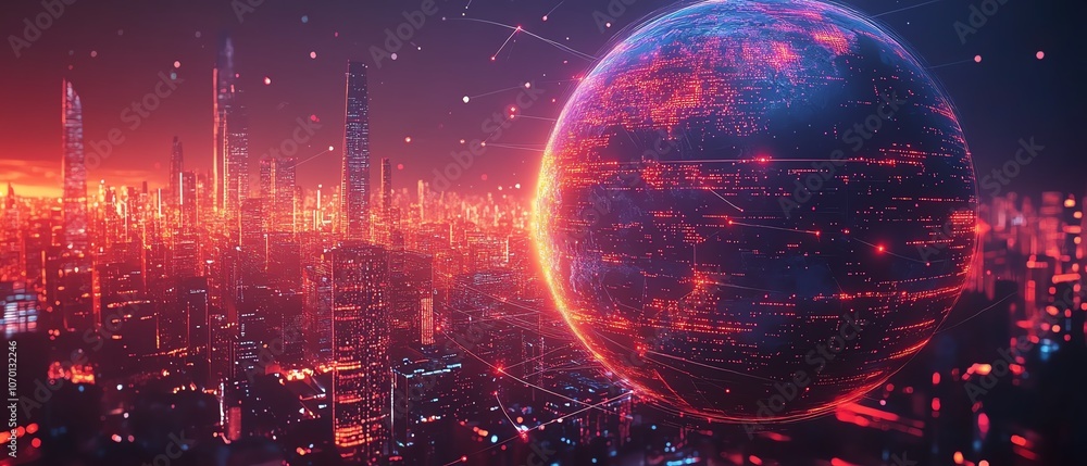 Poster digital globe with vibrant connecting lines and floating dots, representing global networks, backdro