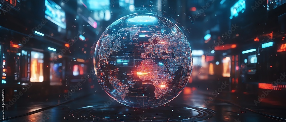 Poster futuristic digital globe with vibrant connections and floating images, dark tech background showcasi