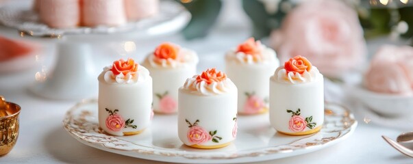 Delightful mini puddings adorned with decorative floral patterns for a charming dessert presentation.