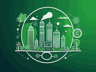 Net zero and carbon neutral concept. Net zero greenhouse gas emissions target. Climate neutral long term strategy, green net zero icon and on the world and green city with circles doodle background.