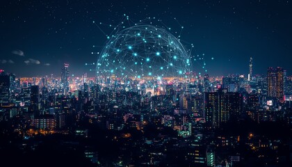 Obraz premium Futuristic digital globe with data lines and connection dots floating above a glowing nighttime cityscape, showcasing global connectivity and urban technology