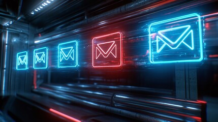 Naklejka premium Glowing Email Icons in Futuristic Setting