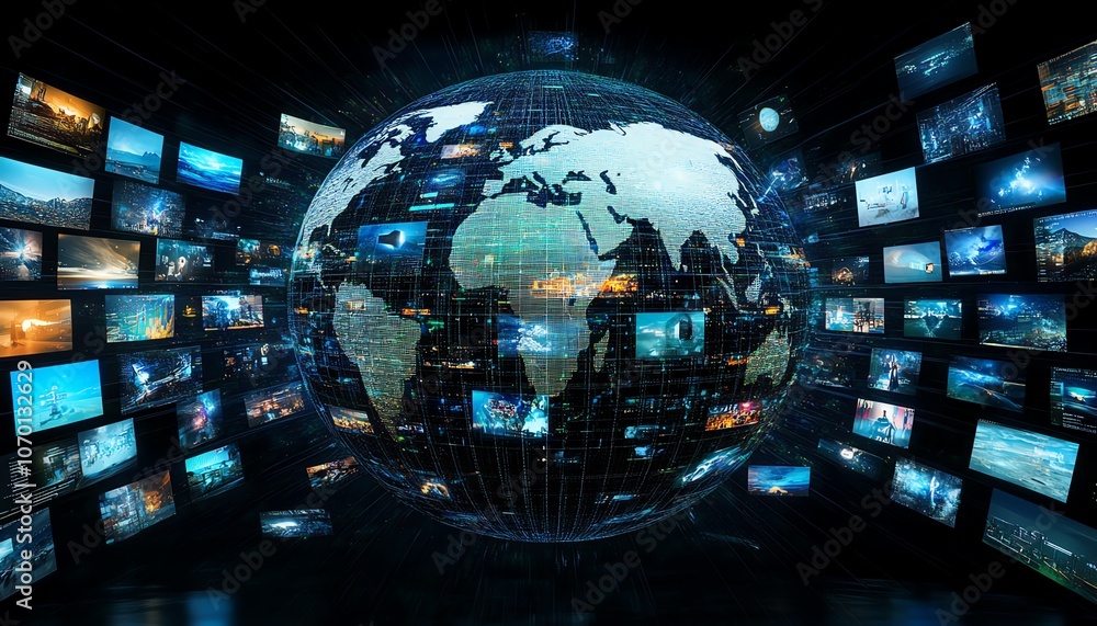 Aufkleber futuristic digital globe with interconnected lines and floating images, dark background showcasing t
