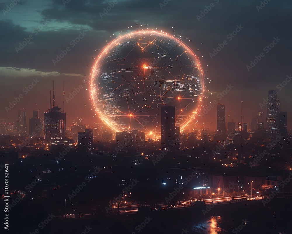 Poster futuristic digital globe with global connection lines and dots, illuminated by city lights and set a