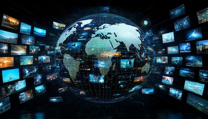 Futuristic digital globe with interconnected lines and floating images, dark background showcasing the global network for video streaming and online social media advertising