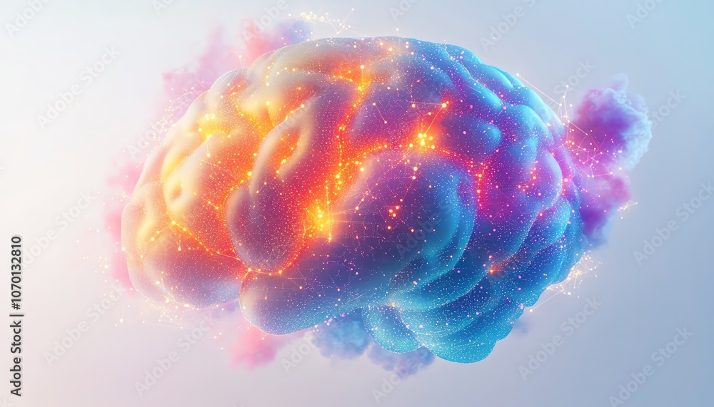 Poster geometric brain composed of colorful hexagons and glowing data points, set against a white backgroun