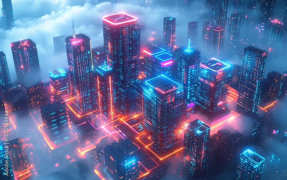 Aufkleber futuristic office building surrounded by an interconnected digital grid, neon data points and virtua