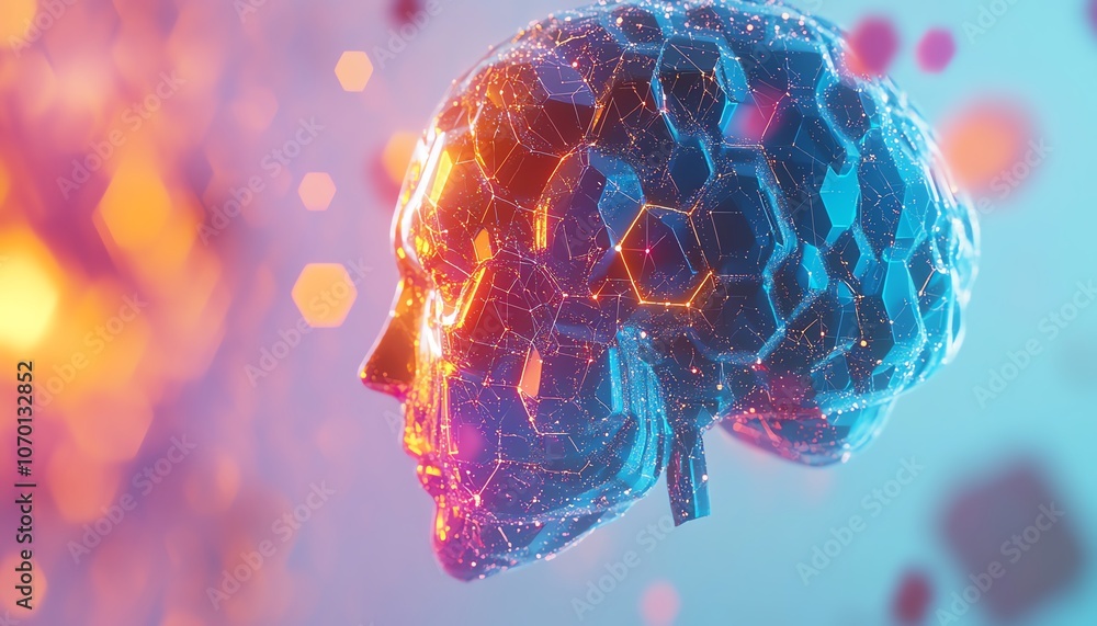 Aufkleber geometric brain composed of colorful hexagons and glowing data points, set against a white backgroun