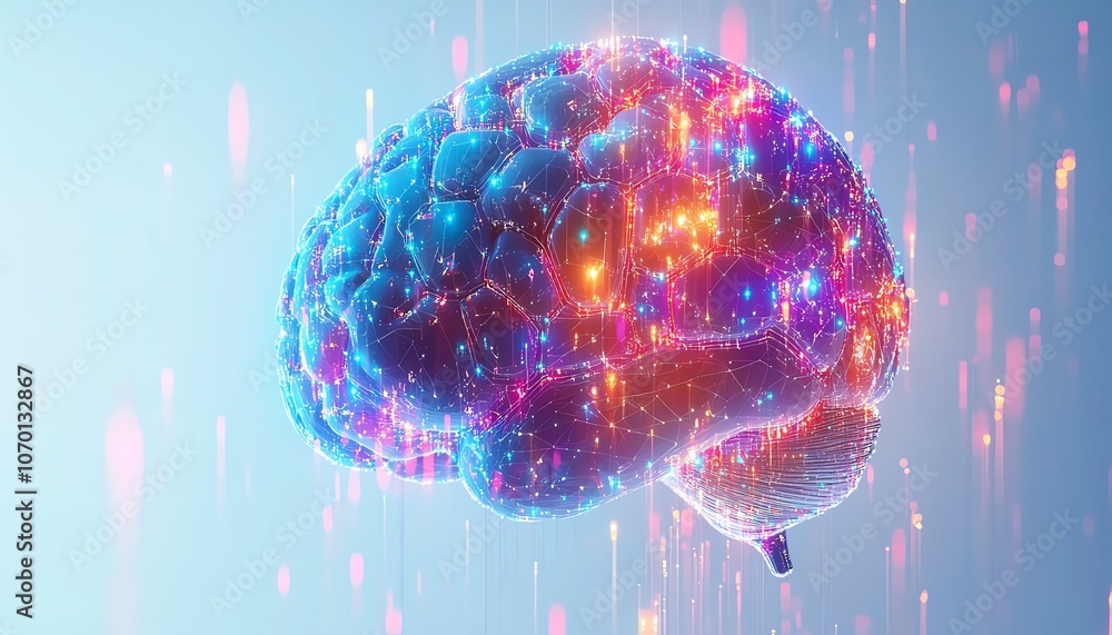 Aufkleber geometric brain composed of colorful hexagons and glowing data points, set against a white backgroun