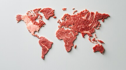 A creative representation of a world map made from raw meat, showcasing the geographical shapes using a unique and artistic culinary approach.