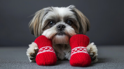 Shih Tzu wearing red New Year's socks, posing adorably on a neutral background