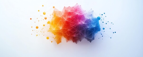 Fototapeta premium Hexagonalshaped colorful brain with interconnected data points on a white background, symbolizing artificial intelligence, geometry, and advanced AI technology