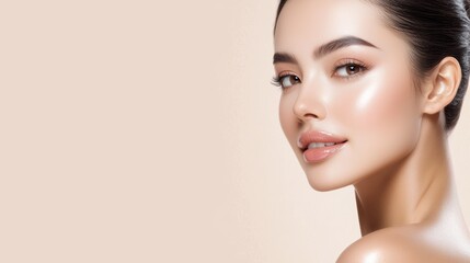 Obraz premium A glowing, elegant woman showcases flawless skin and a natural beauty, against a soft, neutral background.