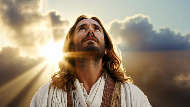 Jesus Christ, looking up with serene expression in sunlight for faith, hope, and divine connection. Peaceful figure in robes under dramatic sky, symbolizing inspiration, belief, and devotion in nature