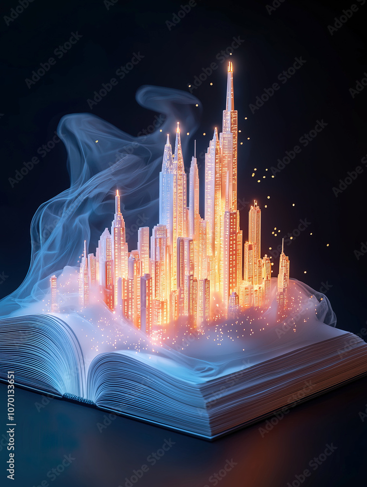 Canvas Prints a fantastic holographic city growig from an open book