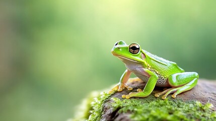 Naklejka premium A green tree frog perched on a mossy log with a blurred green background.