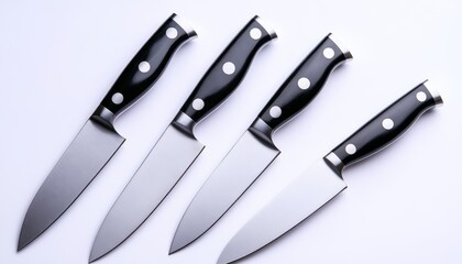 A collection of four kitchen knives displayed on a white surface for culinary use