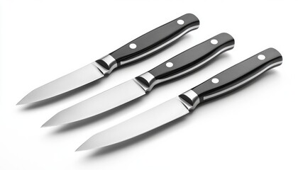 Fototapeta premium Set of three sharp kitchen knives with black handles arranged neatly on a white background