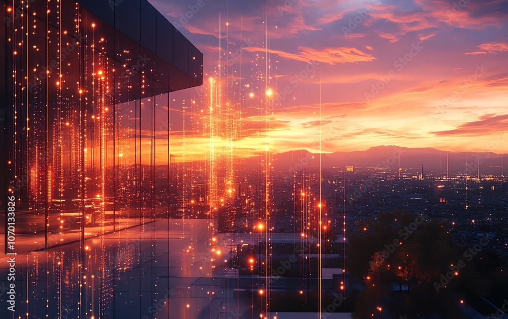 Poster modern office tower with digital lines and abstract data points orbiting around it, a hightech citys