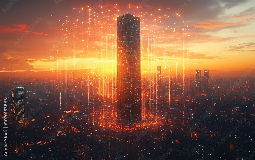 Poster modern office tower with digital lines and abstract data points orbiting around it, a hightech citys