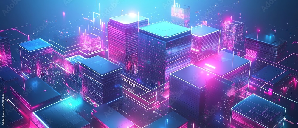 Aufkleber office building in a digital landscape, surrounded by vibrant data points and digital threads, aidri