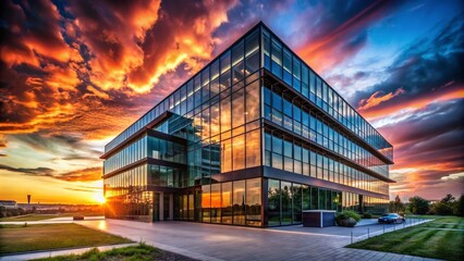 Obraz premium Captivating Silhouette of a Modern Business Building Against a Sunset Sky, Representing Innovation and Growth of GmbH Co KG in a Corporate Setting