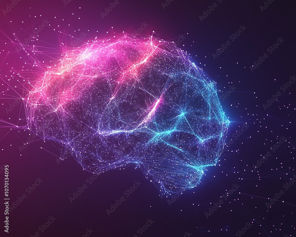 Poster purple background with abstract brain design formed by blue and white lines and connected dots, symb