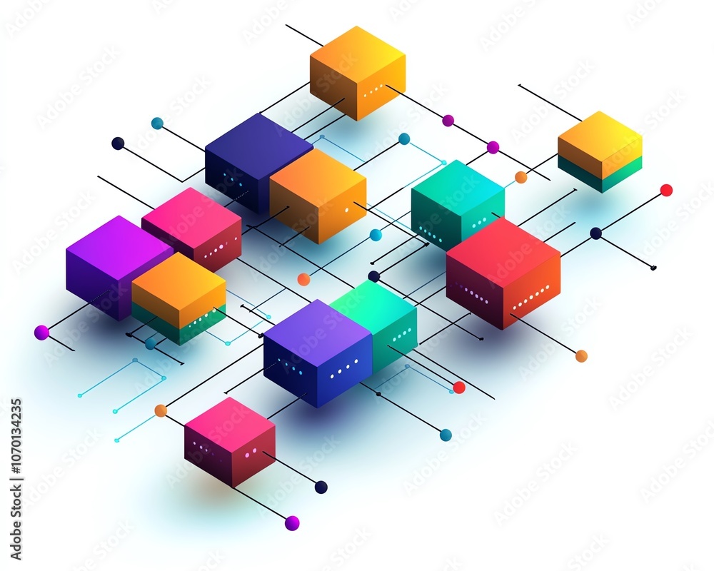 Poster simple line drawing of an isometric network with vibrant colored blocks and connecting dots on a whi
