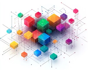Simple line drawing of an isometric network with vibrant colored blocks and connecting dots on a white background, illustrating the complexity of modern digital systems