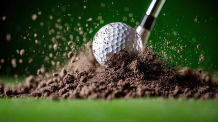 Golf club strikes ball on dirt capturing the perfect moment of impact in sports photography