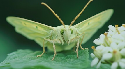 A close-up of a pale green moth with large, prominent eyes, perched on a white flower with green leaves.