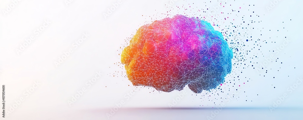 Poster a colorful brain made of hexagons and data points on a white background, symbolizing artificial inte
