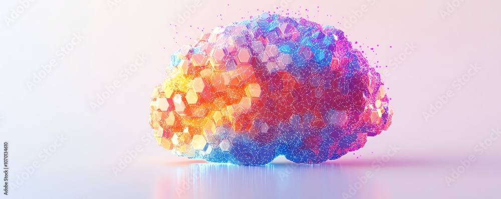 Poster a colorful brain made of hexagons and data points on a white background, symbolizing artificial inte