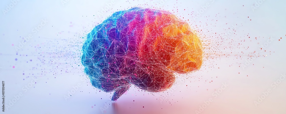 Poster a colorful brain made of hexagons and data points on a white background, symbolizing artificial inte