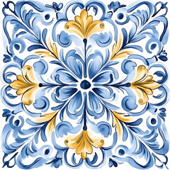 Fototapeta premium Italian floral pattern on white background with blue and yellow stylized plants, repeating folk motif in Mediterranean style, ceramic tile