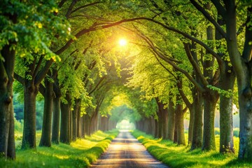 Fototapeta premium Captivating Summer Pathway Surrounded by Lush Green Foliage, Inviting Tree Alley View with a Dreamy Bokeh Effect for a Serene Natural Experience