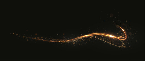 Gold curved light line, rope, tape. Smooth festive gold line png with light effects. Light golden Twirl png. Curve light effect of golden line.