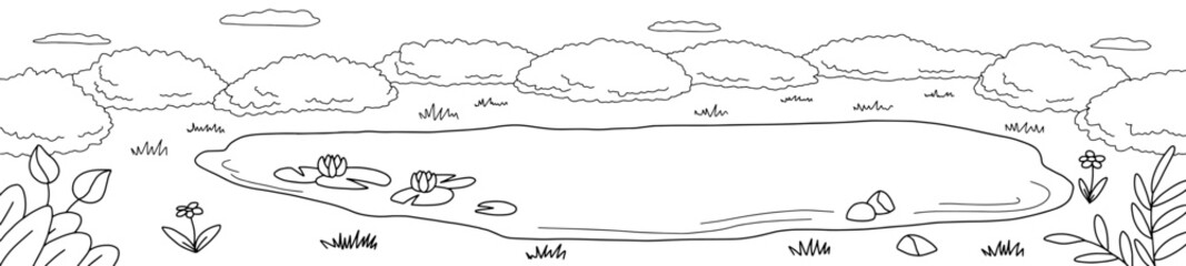 Lake graphic black white long landscape sketch illustration vector