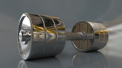 High-polish metallic dumbbell with a reflective chrome finish on a sleek surface, conveying luxury fitness, strength, and a premium aesthetic.