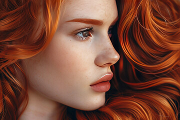 Woman model lush beautiful hair redheads , stylish care in the salon. Elegant glamorous hairstyle.