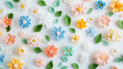 Floral pattern featuring delicate flowers made of polymer clay in pastel colors. Light background. Generative AI