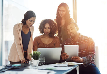 Morning, office and business people on laptop and tablet for planning, teamwork and collaboration. Discussion, startup and people on digital tech for project feedback, research and website in meeting