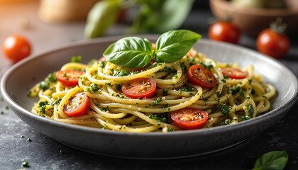 Fresh spaghetti with cherry tomatoes and basil on plate