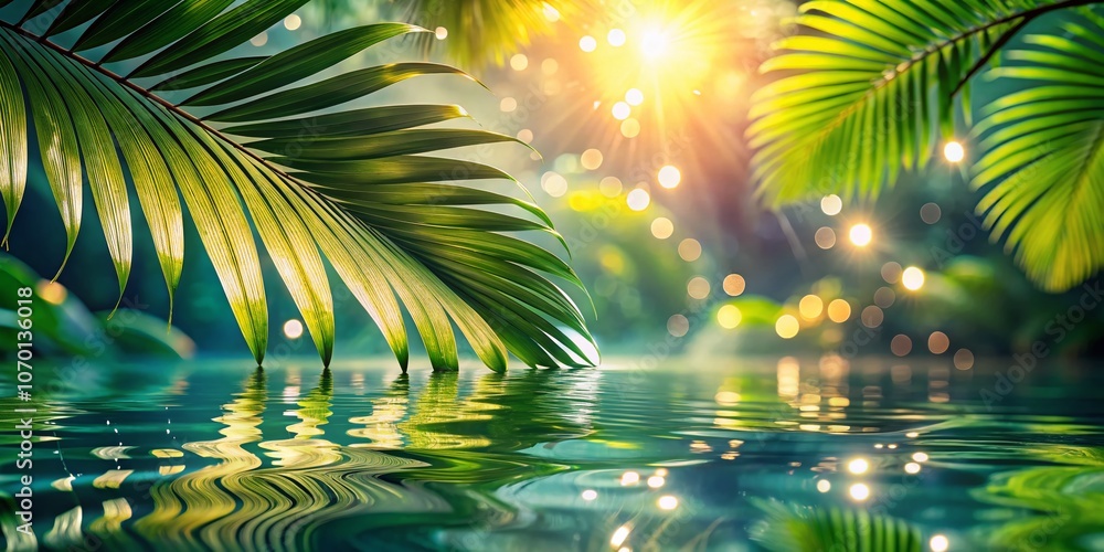 Poster captivating top view of tropical leaf shadows cast on a rippled water surface with a stunning bokeh 