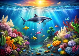 Fototapeta premium Captivating Underwater Scene Featuring a Whale in a Fish Tank with the Ocean Horizon, Ideal for Marine Life, Aquatic Decor, and Educational Themes